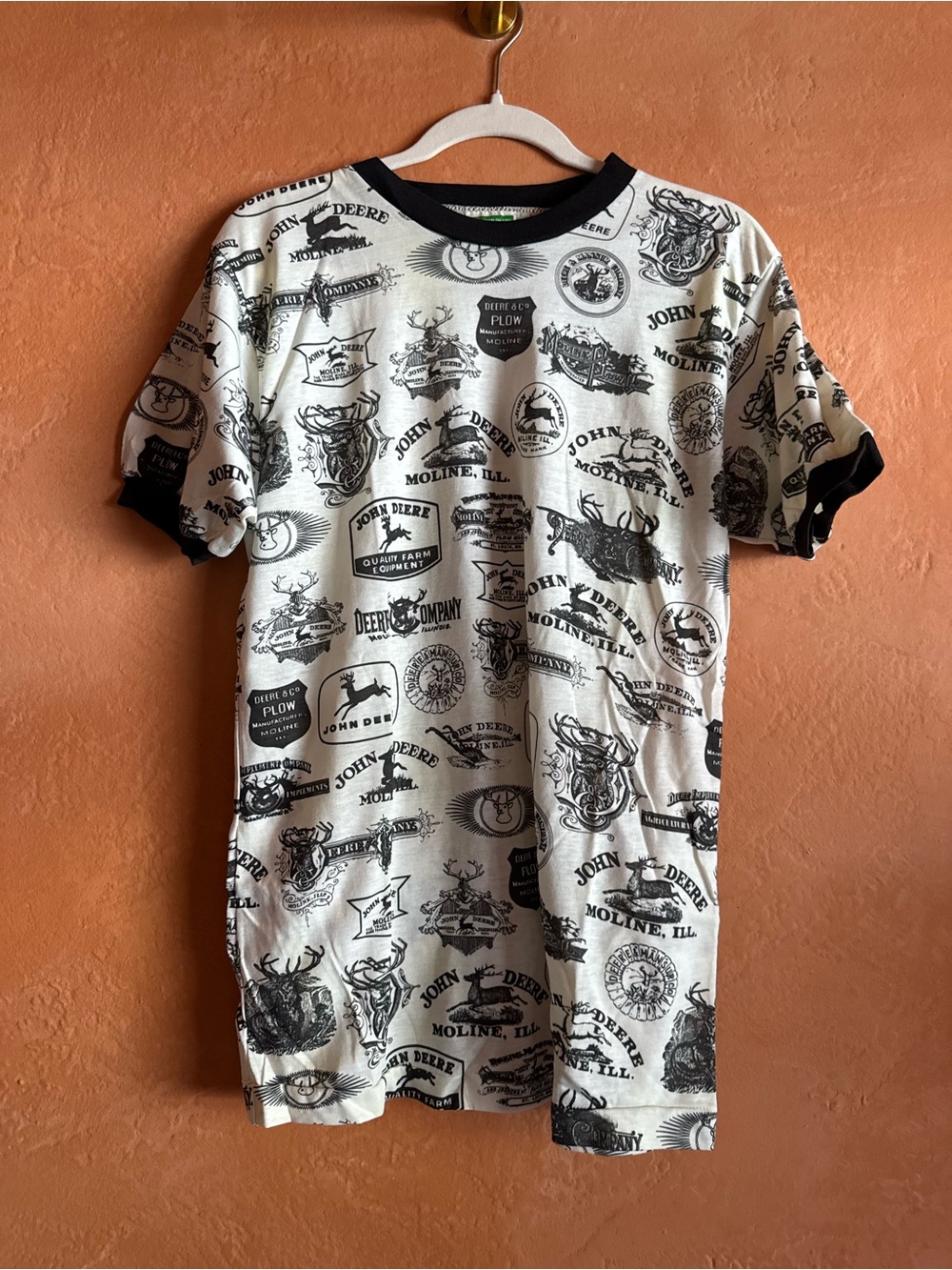 Vintage 70s 80s John Deere All Over Print Ringer T-Shirt Large Moline Illinois